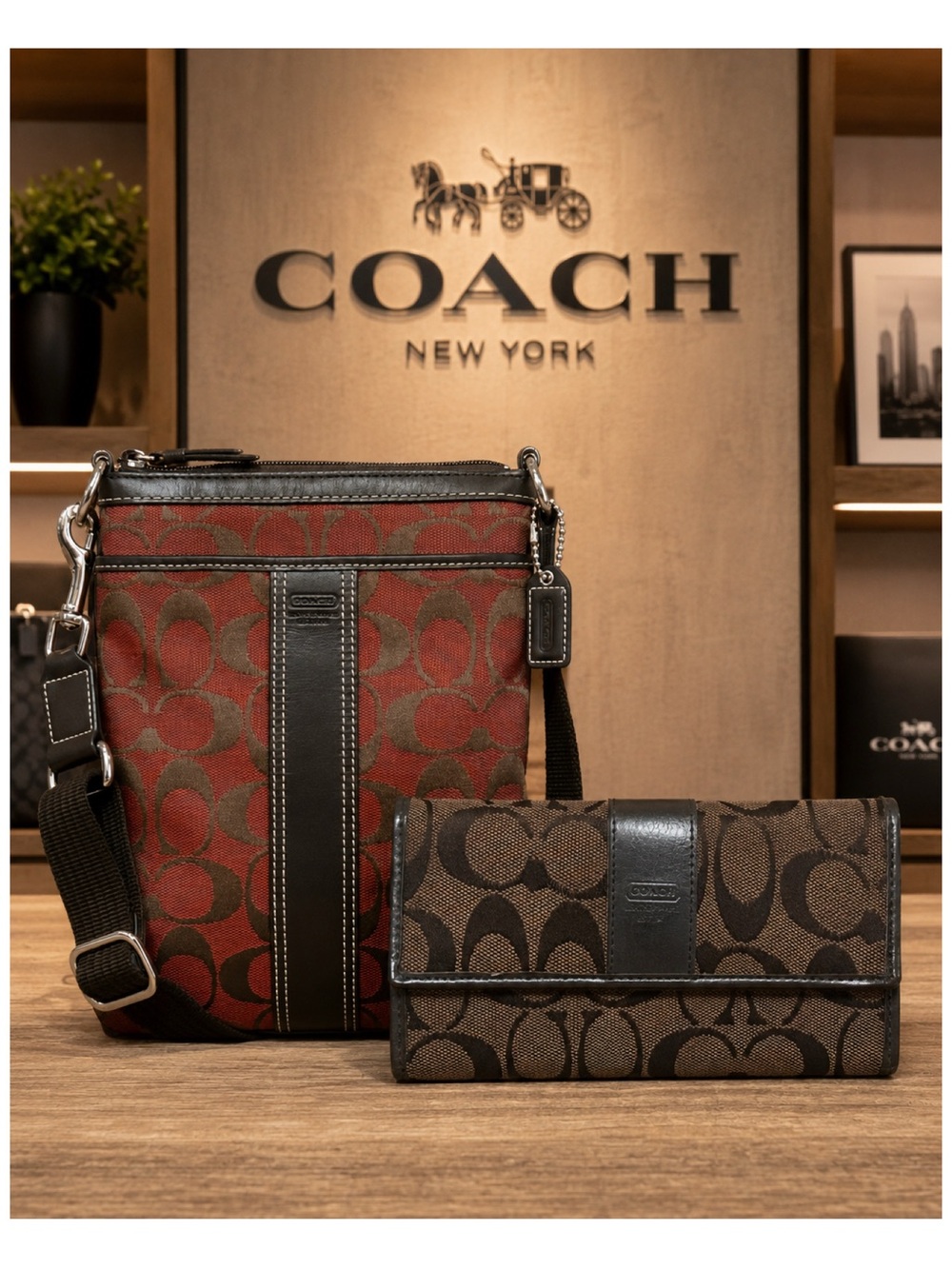 Coach. 2 Piece Set: Signature Stripe Swingpack Crossbody Bag with Free Wallet.